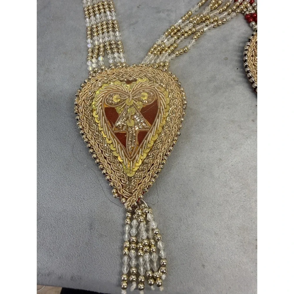 Statement Beaded Necklace Set 2PC Gold Tone Red Indian‎ Bridal Tassel Pendants